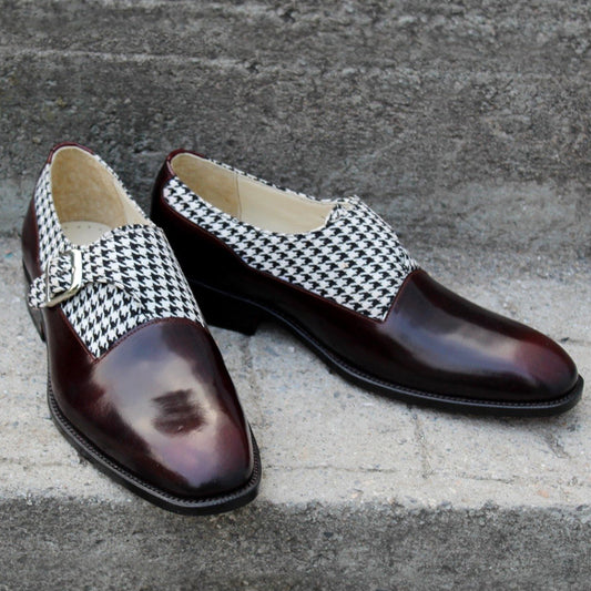 Unique and Classic Houndstooth Fabric & Patina Monk Strap Dress Shoes