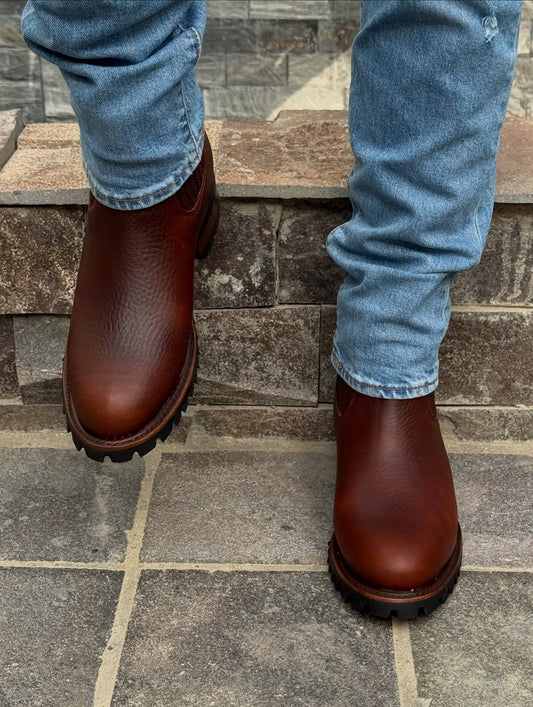 Men's Brown Full-Grain Leather Chelsea Boots - Rugged Lug Sole Western Ankle Boots