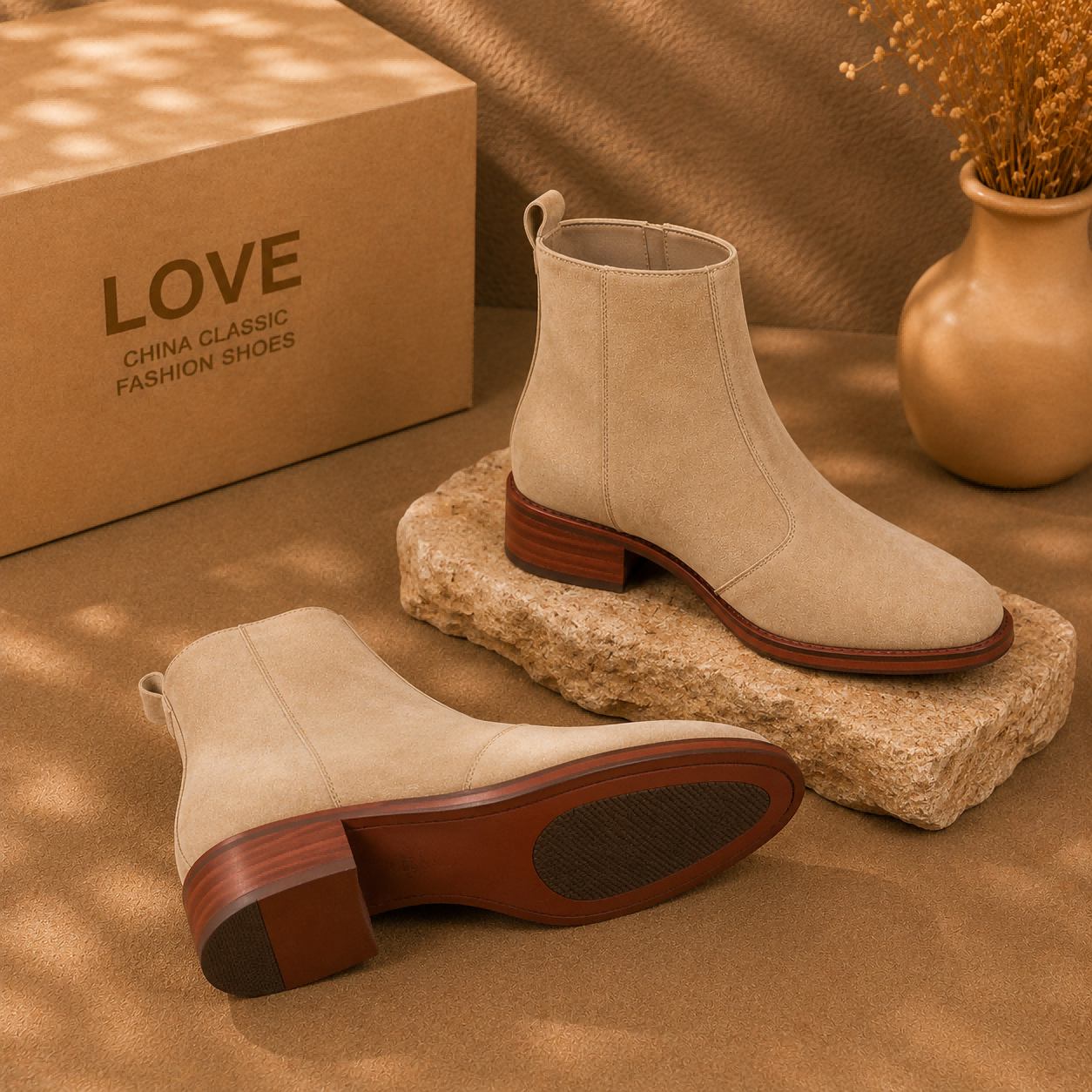 Women's Beige Suede Chelsea Ankle Boots, Low Block Heel Stretch Side Slip On Fall Boots