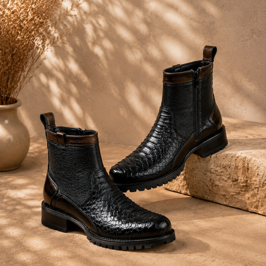 Men’s Crocodile-embossed Genuine Leather Western Work Boots With Side Zipper, Chunky Tread, And Non-slip Outsole