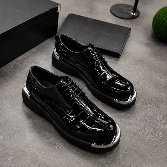 Men’s Glossy Crocodile-pattern Metal-toe Lace-up Chunky-heel Dress Shoes For Added Height