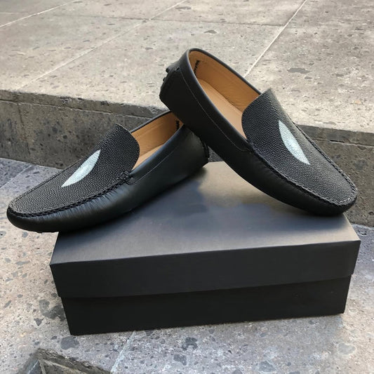 Black Moccasin With Stingray Eye And Cowhide Leather