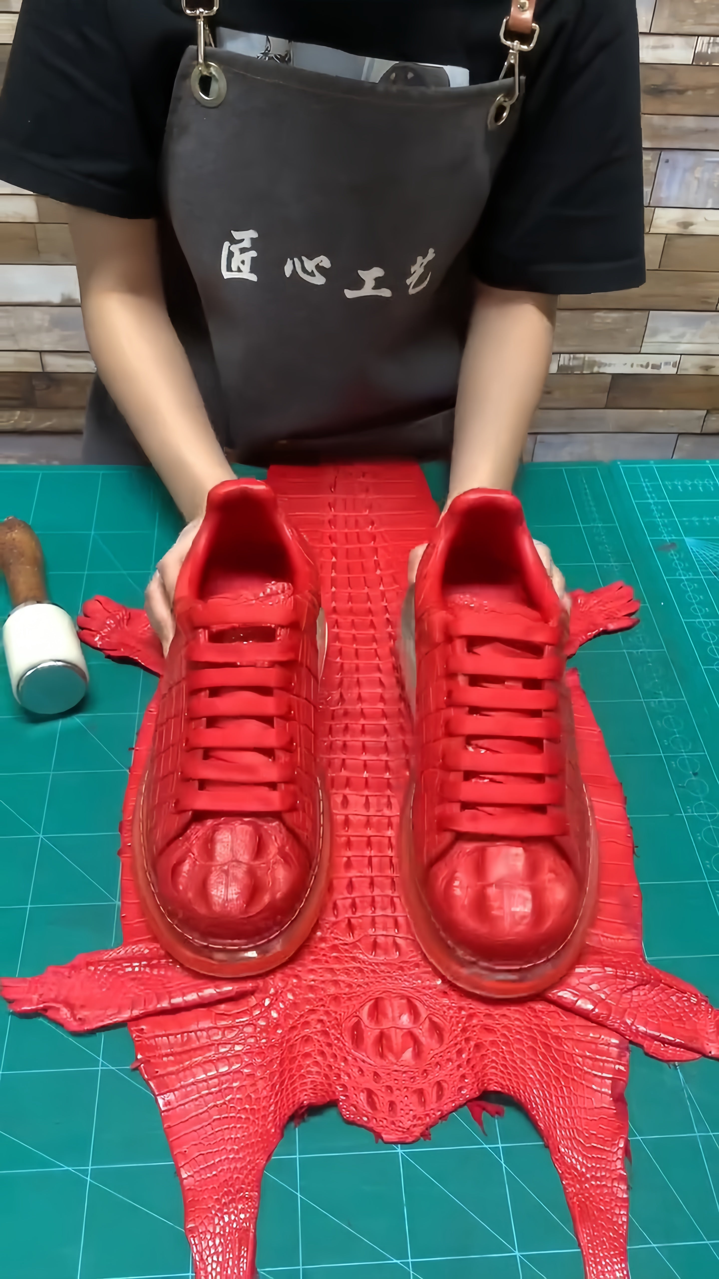 Luxury Crocodile Embossed Red Leather Sneakers, Men's Premium Business Shoes