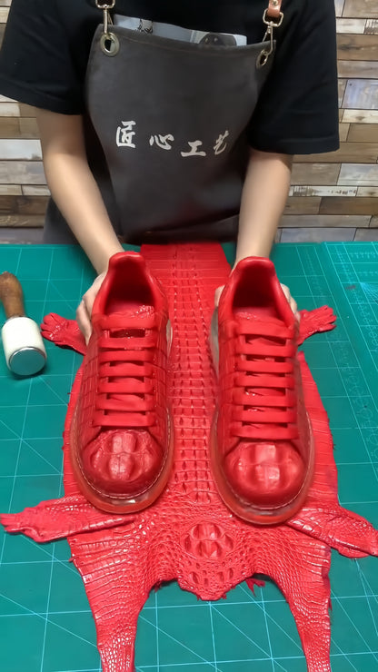 Luxury Crocodile Embossed Red Leather Sneakers, Men's Premium Business Shoes