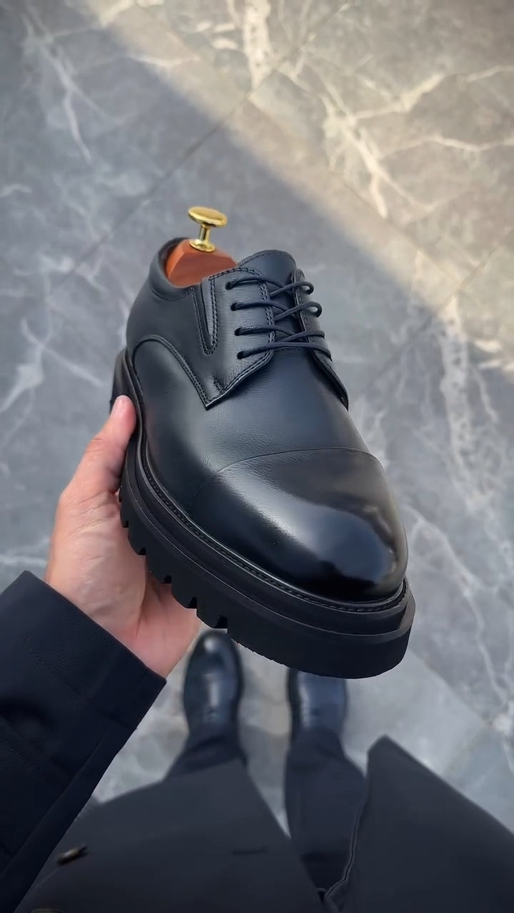 Men's Black Leather Cap-Toe Derby Shoes Thick Sole Business Casual Oxfords