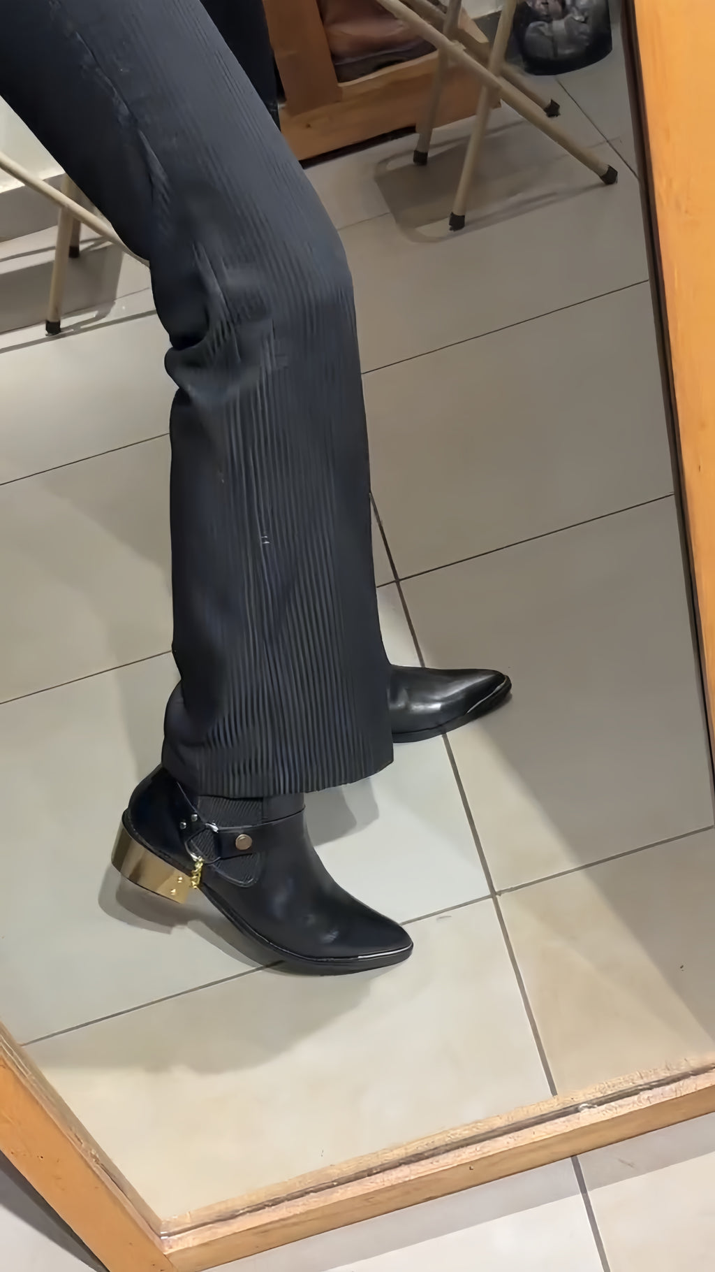 Pointed Toe Chelsea Boots, Black Leather Western Ankle Boots With Gold Heel