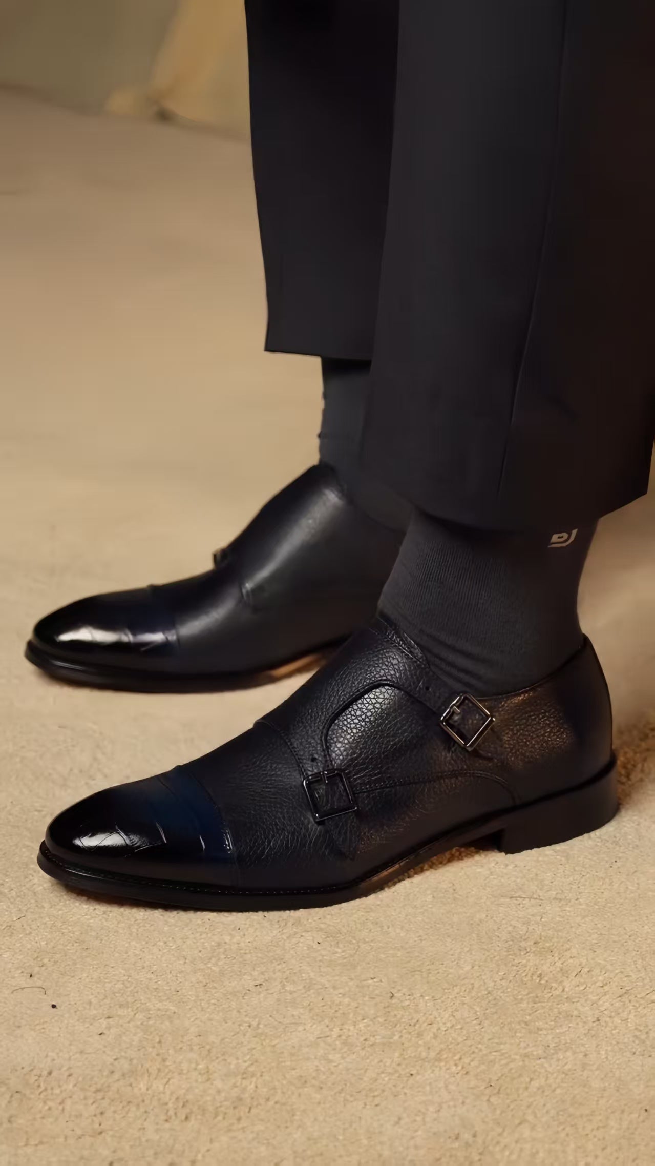 Men's Black & Navy Two-tone Monk Strap Shoes - Leather Formal Dress Shoes