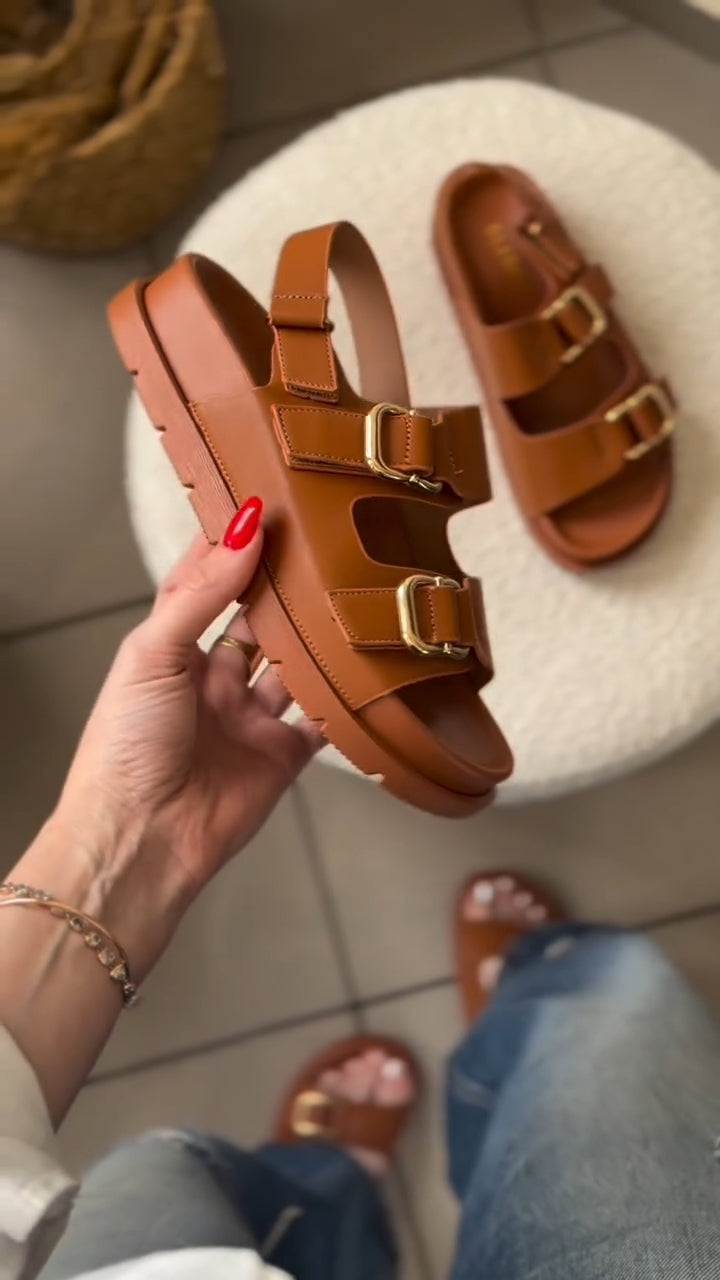 Women's Brown Leather Double Buckle Platform Sandals Casual Adjustable Strap