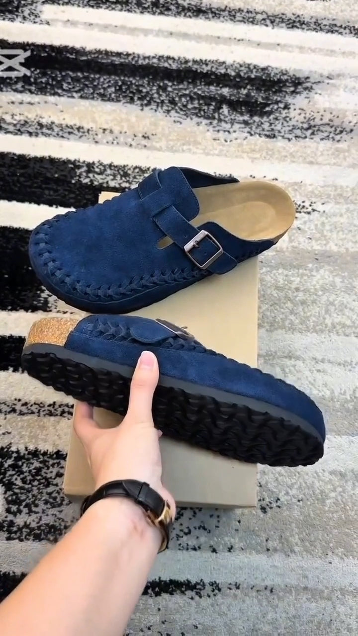 Verdancer Men’s Suede Braided Strap Buckle Mules, Blue Open-Toe Casual Slip-On Clogs