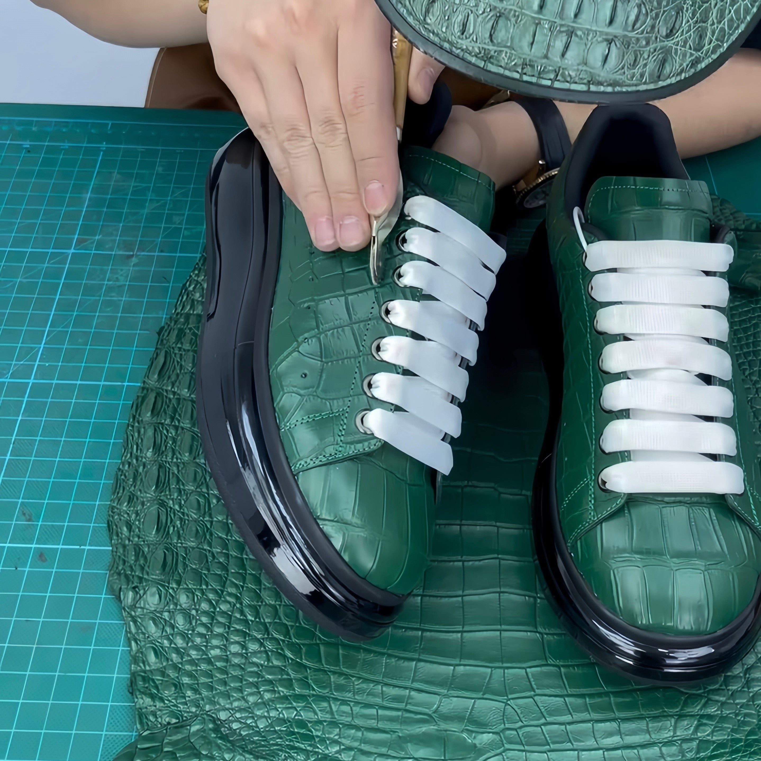 Men's Green Glossy Alligator Lace-Up Sneakers