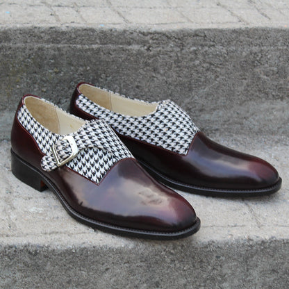 Unique and Classic Houndstooth Fabric & Patina Monk Strap Dress Shoes