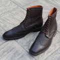 Dark Brown Woven Leather Ankle High Lace up Dress Boots