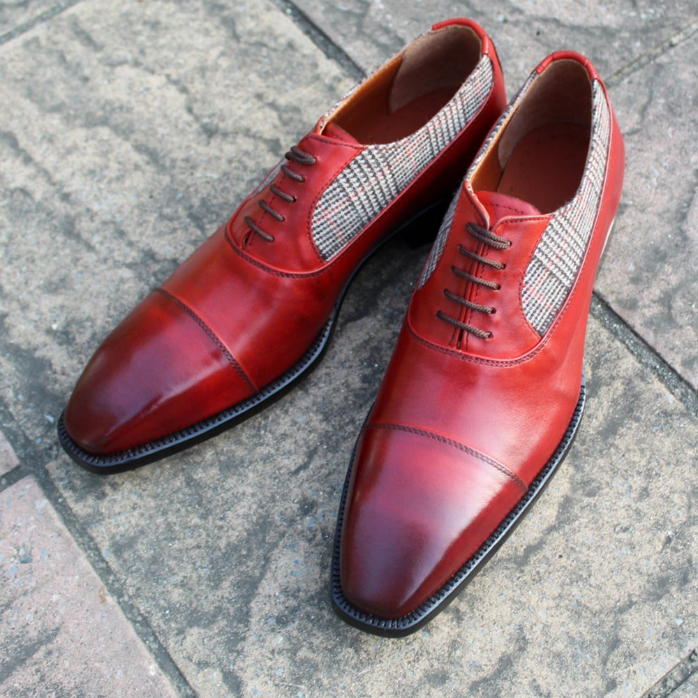 Men Red Tweed Leather Contrast Oxford Dress Lace up Shoes
