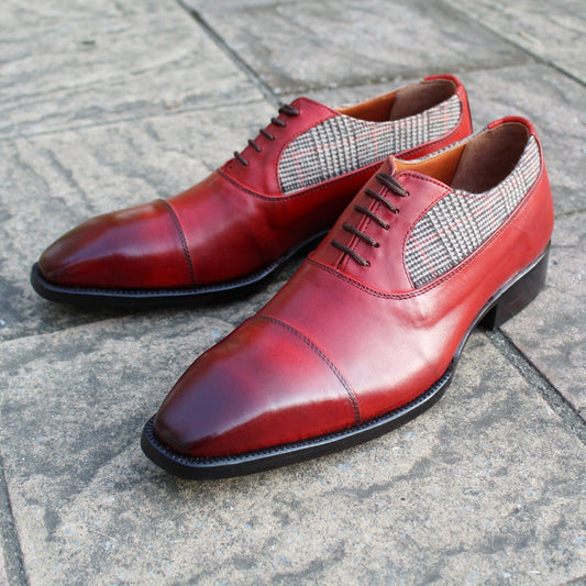 Men Red Tweed Leather Contrast Oxford Dress Lace up Shoes
