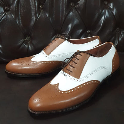 Men Brown White Leather Wingtip Oxford Dress Shoes