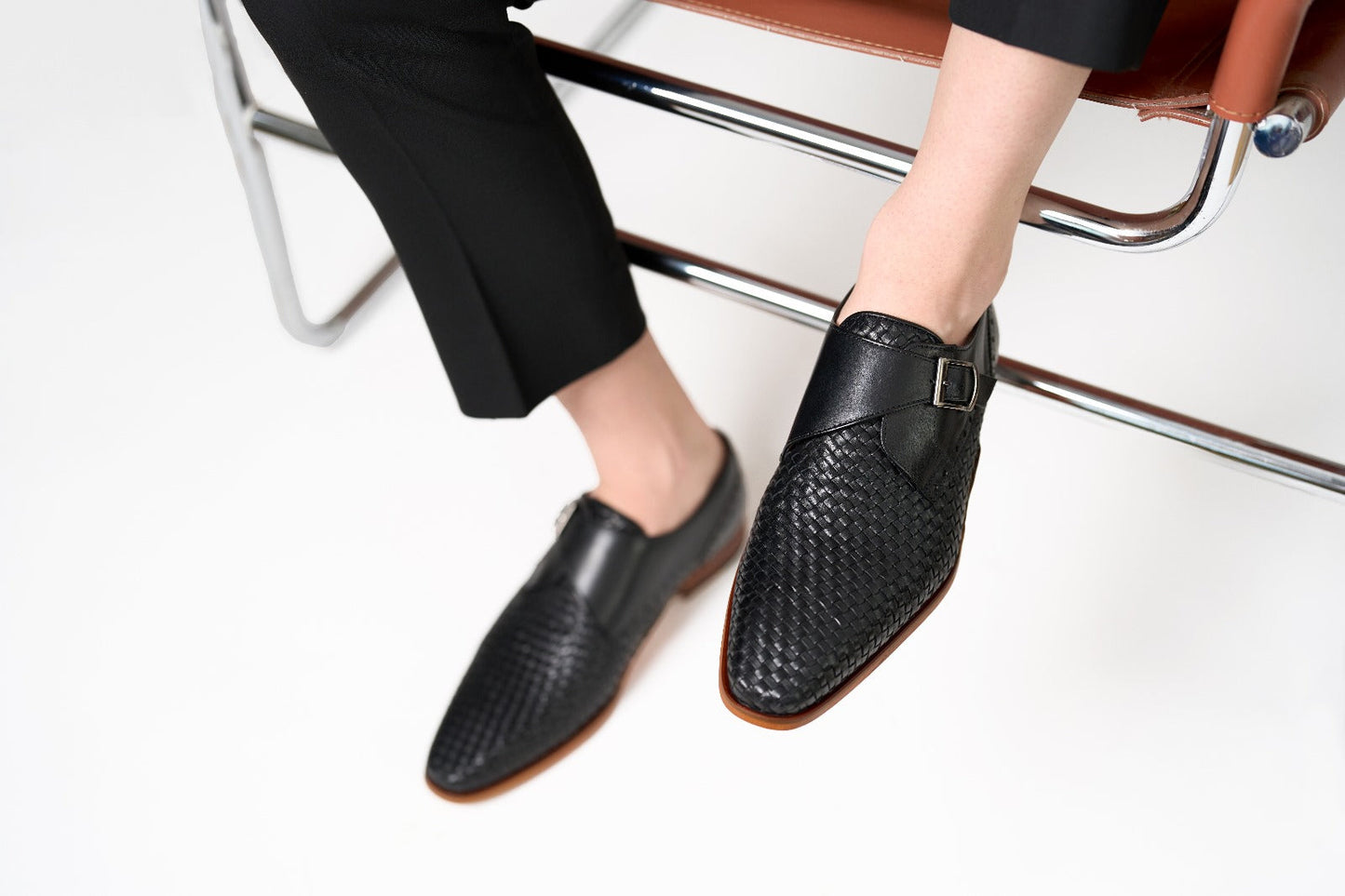 Woven Black Leather Single Monk Strap Handmade Men Shoe
