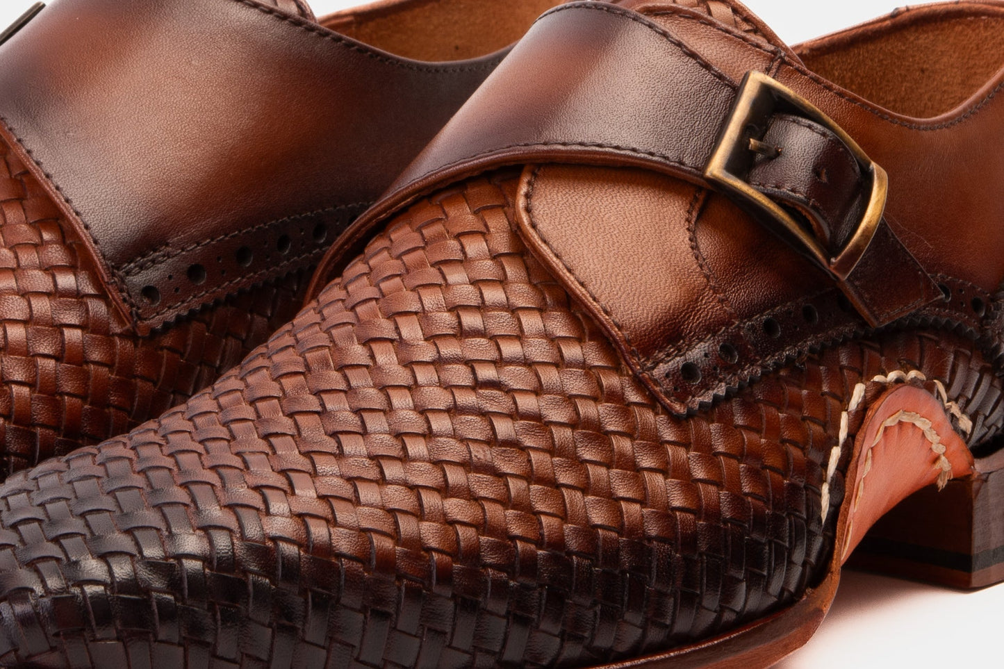 Woven Black Leather Single Monk Strap Handmade Men Shoe