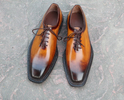 Crafted Leather Classic Men Brown Patina Black Shaded Leather Oxford Dress Shoes