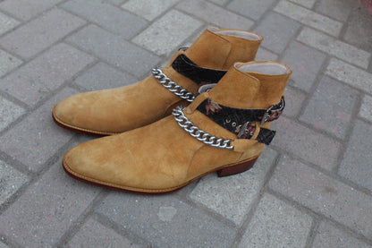 Pure Suede Beige Stylish Chain Ankle High Strap Boot