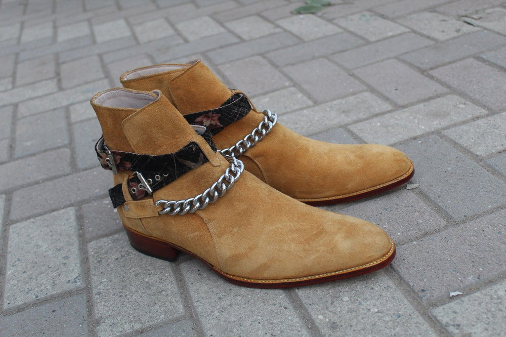 Pure Suede Beige Stylish Chain Ankle High Strap Boot