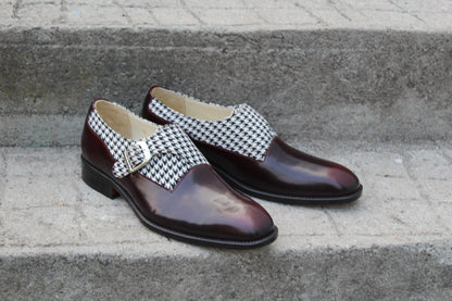Unique and Classic Houndstooth Fabric & Patina Monk Strap Dress Shoes