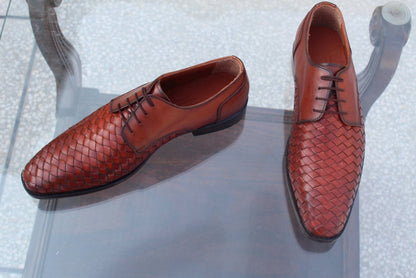 Genuine Brown Woven Leather Men Formal Oxford Dress Shoes
