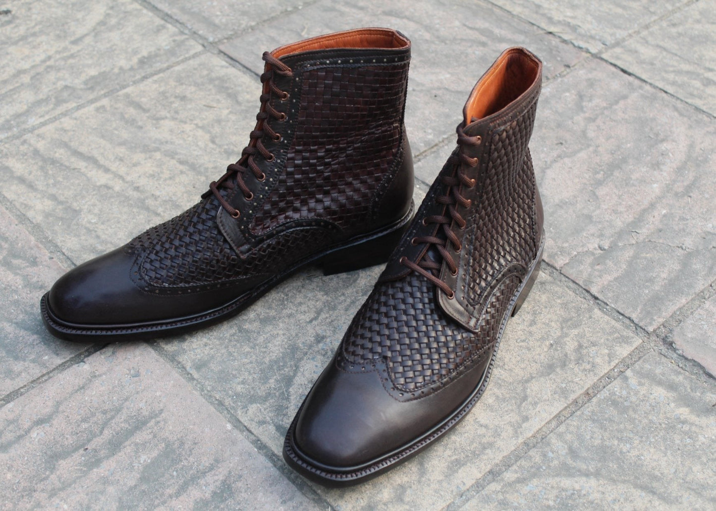 Dark Brown Woven Leather Ankle High Lace up Dress Boots