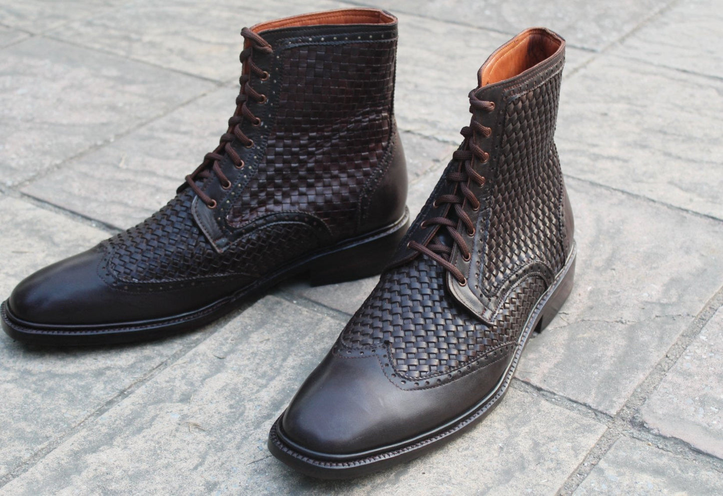 Dark Brown Woven Leather Ankle High Lace up Dress Boots