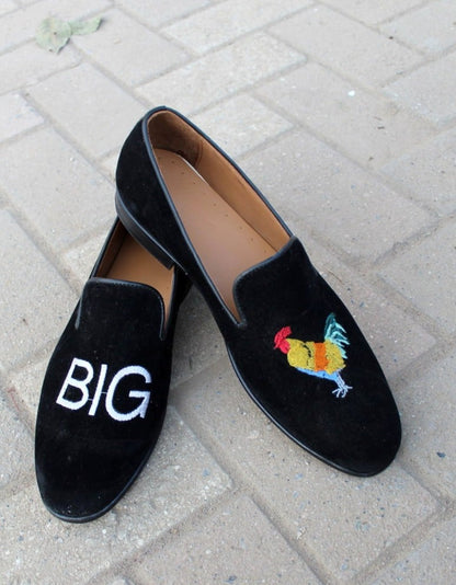Black Velvet Slipper Embroidery Loafers Dress Shoes