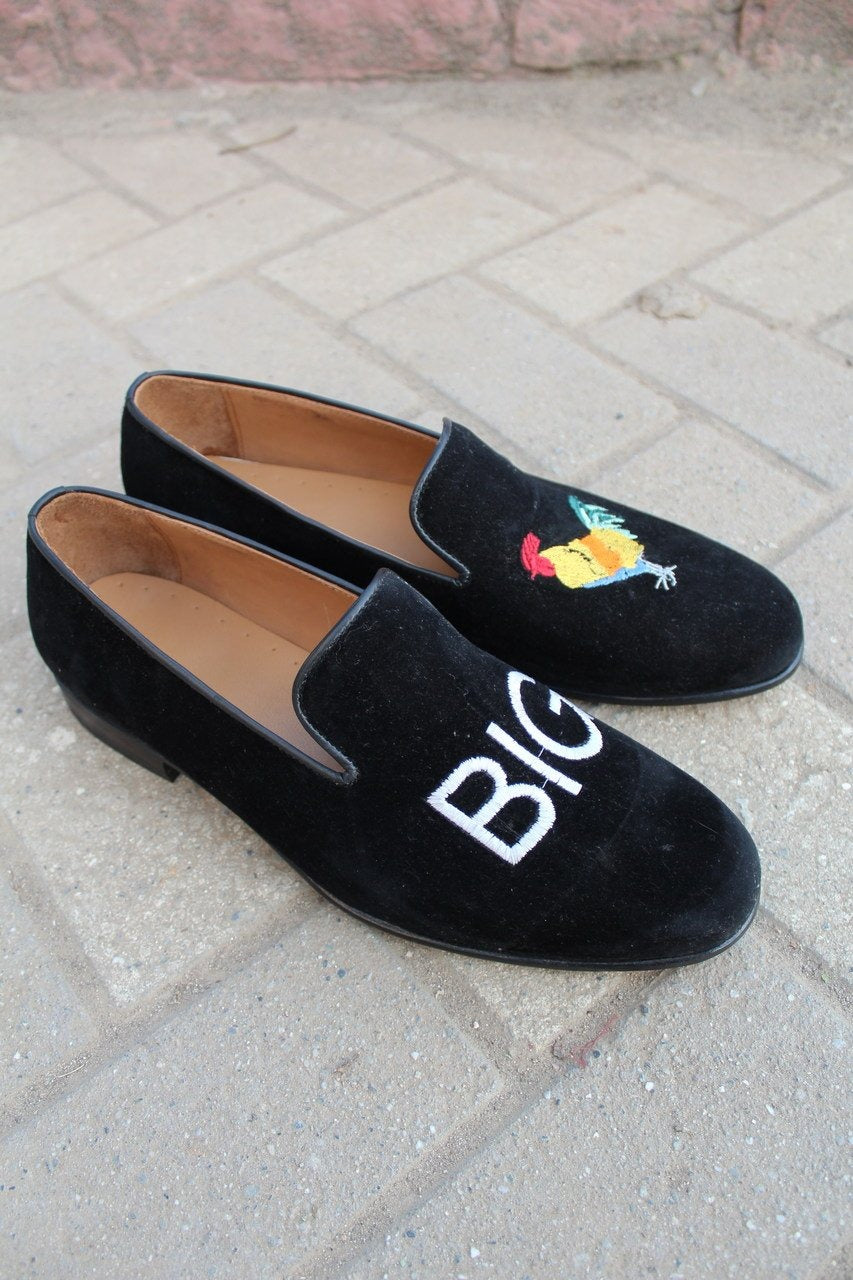 Black Velvet Slipper Embroidery Loafers Dress Shoes