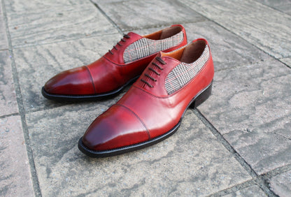 Men Red Tweed Leather Contrast Oxford Dress Lace up Shoes