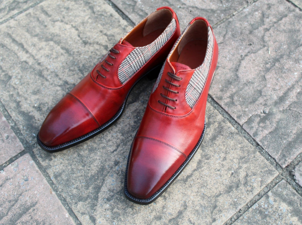 Men Red Tweed Leather Contrast Oxford Dress Lace up Shoes