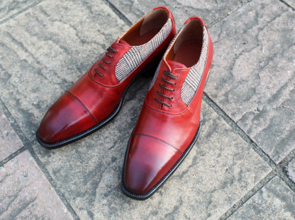 Men Red Tweed Leather Contrast Oxford Dress Lace up Shoes