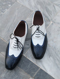 Men Blue White Leather Wingtip Oxford Dress Shoes