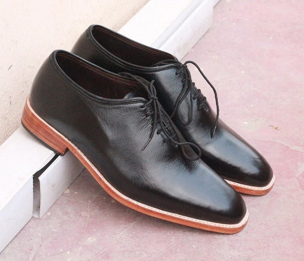 Handmade Black Whole Cut Leather Shoes