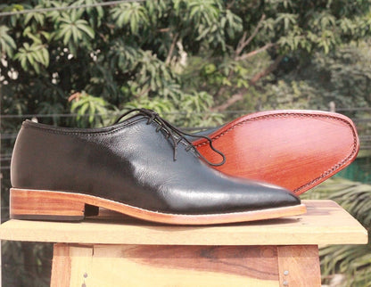 Handmade Black Whole Cut Leather Shoes