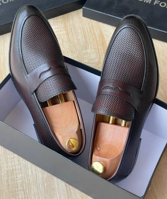 Men's Handcrafted Woven Penny Loafers, Premium Leather Dress Shoes for Business & Casual