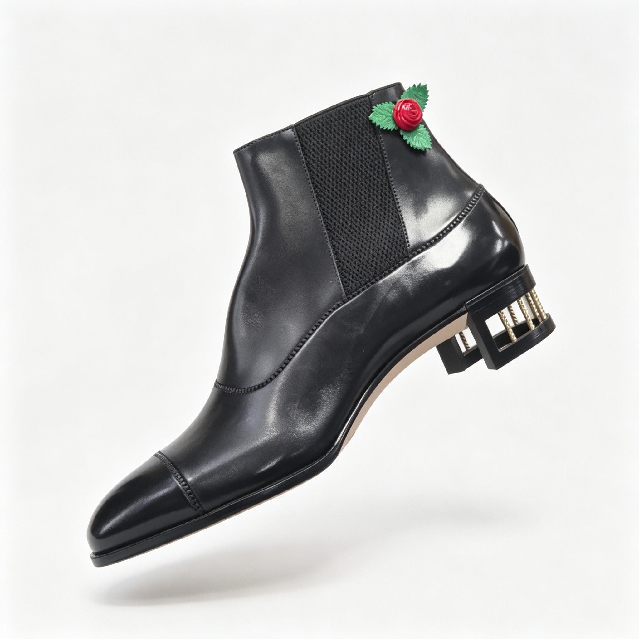 Men Black Rose Decor Square Heel Chelsea Ankle Boots
