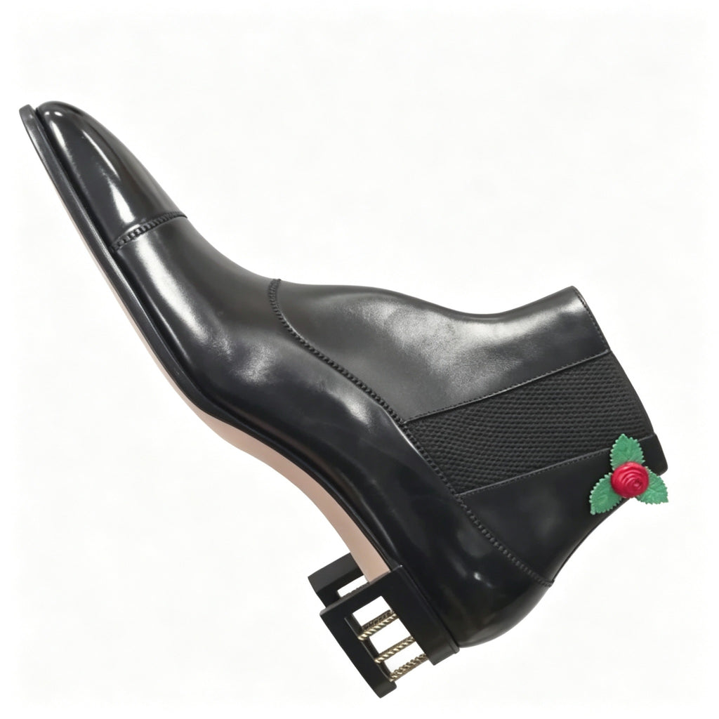 Men Black Rose Decor Square Heel Chelsea Ankle Boots
