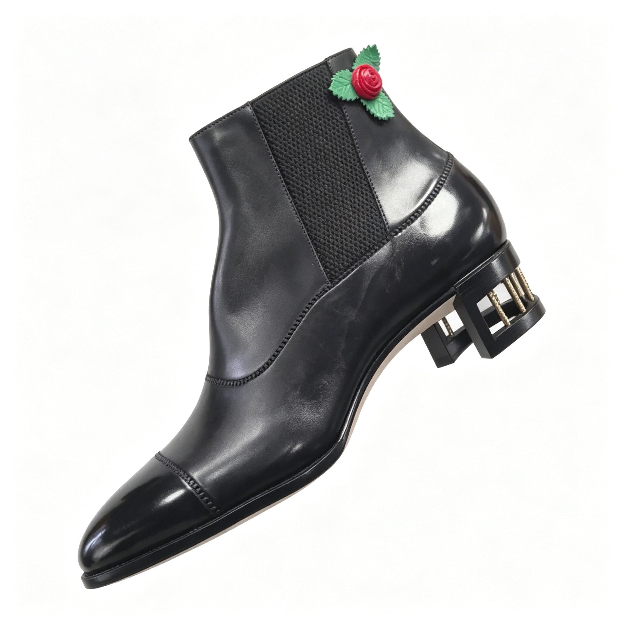 Men Black Rose Decor Square Heel Chelsea Ankle Boots