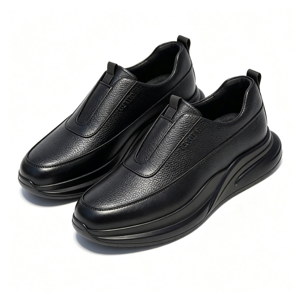 Men Brown Grain Leather Slip On Platform Casual Shoes
