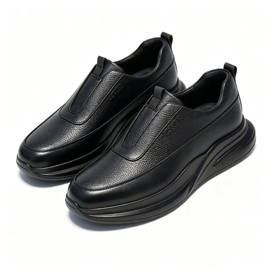 Men Brown Grain Leather Slip On Platform Casual Shoes