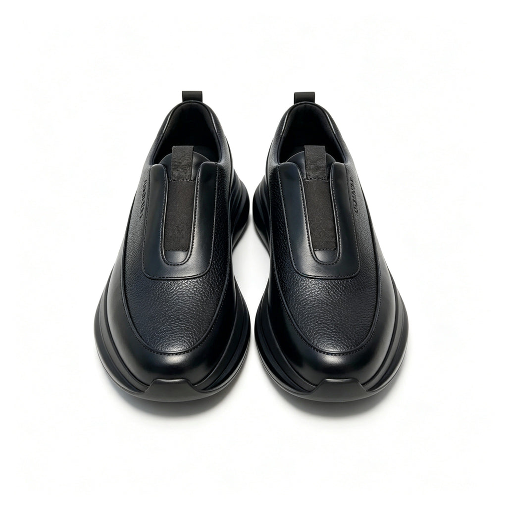 Men Brown Grain Leather Slip On Platform Casual Shoes