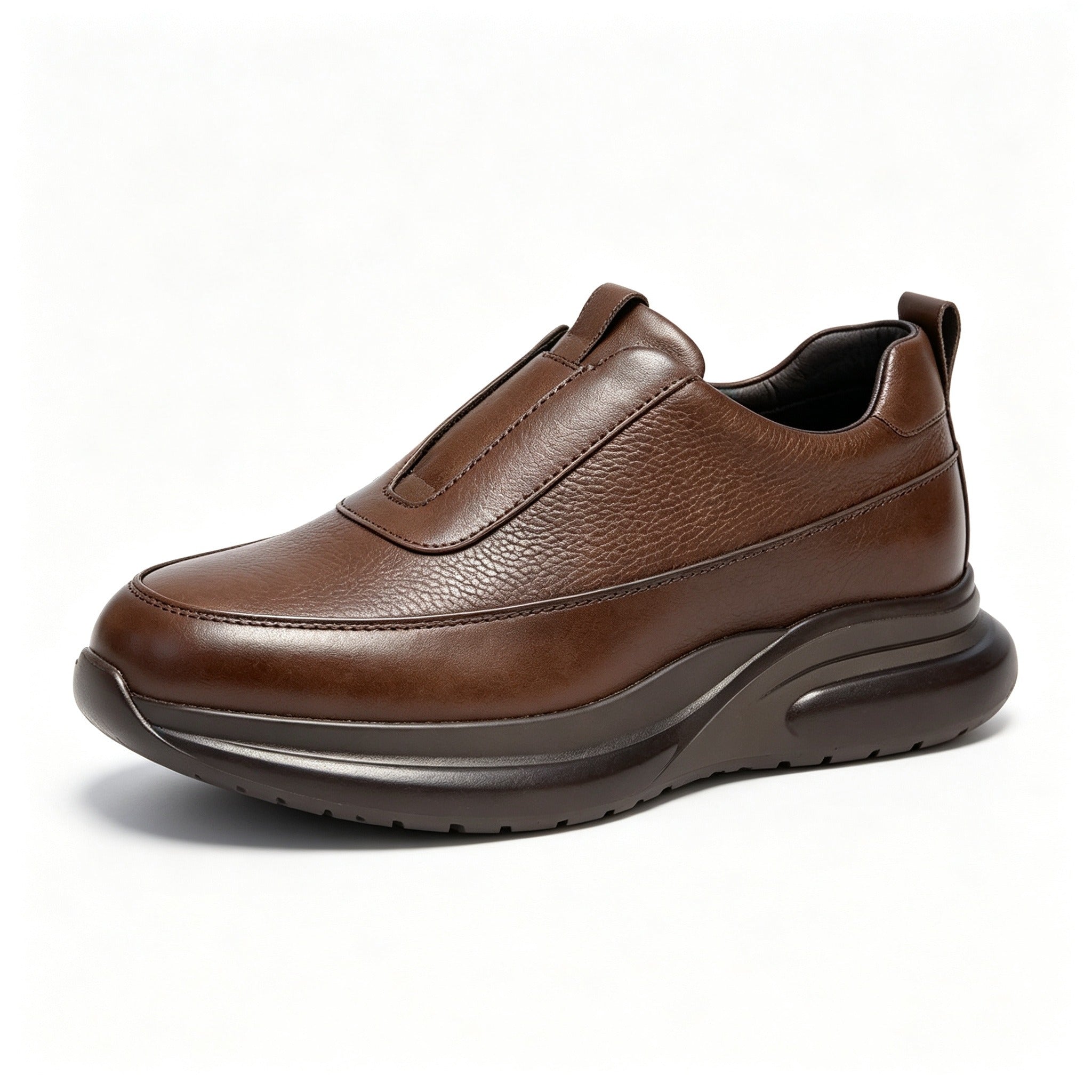Men Brown Grain Leather Slip On Platform Casual Shoes