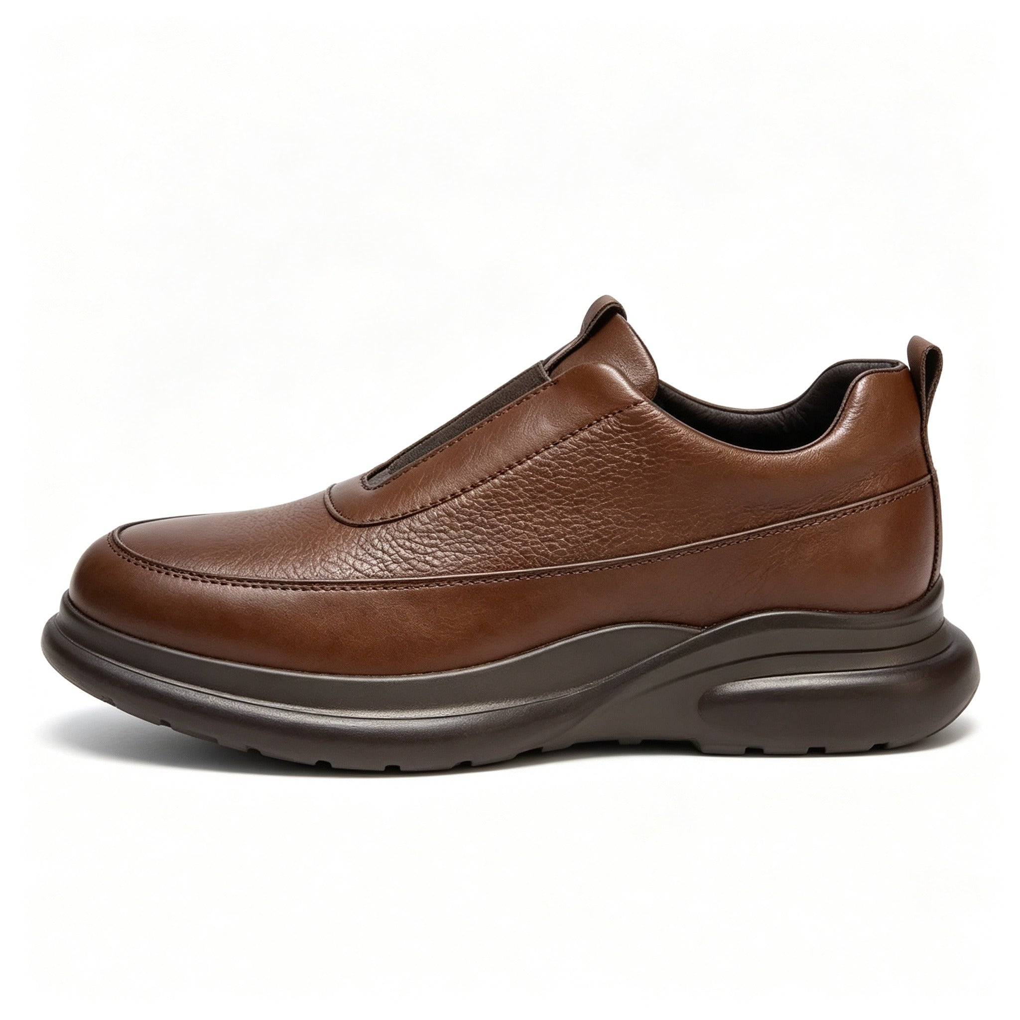 Men Brown Grain Leather Slip On Platform Casual Shoes