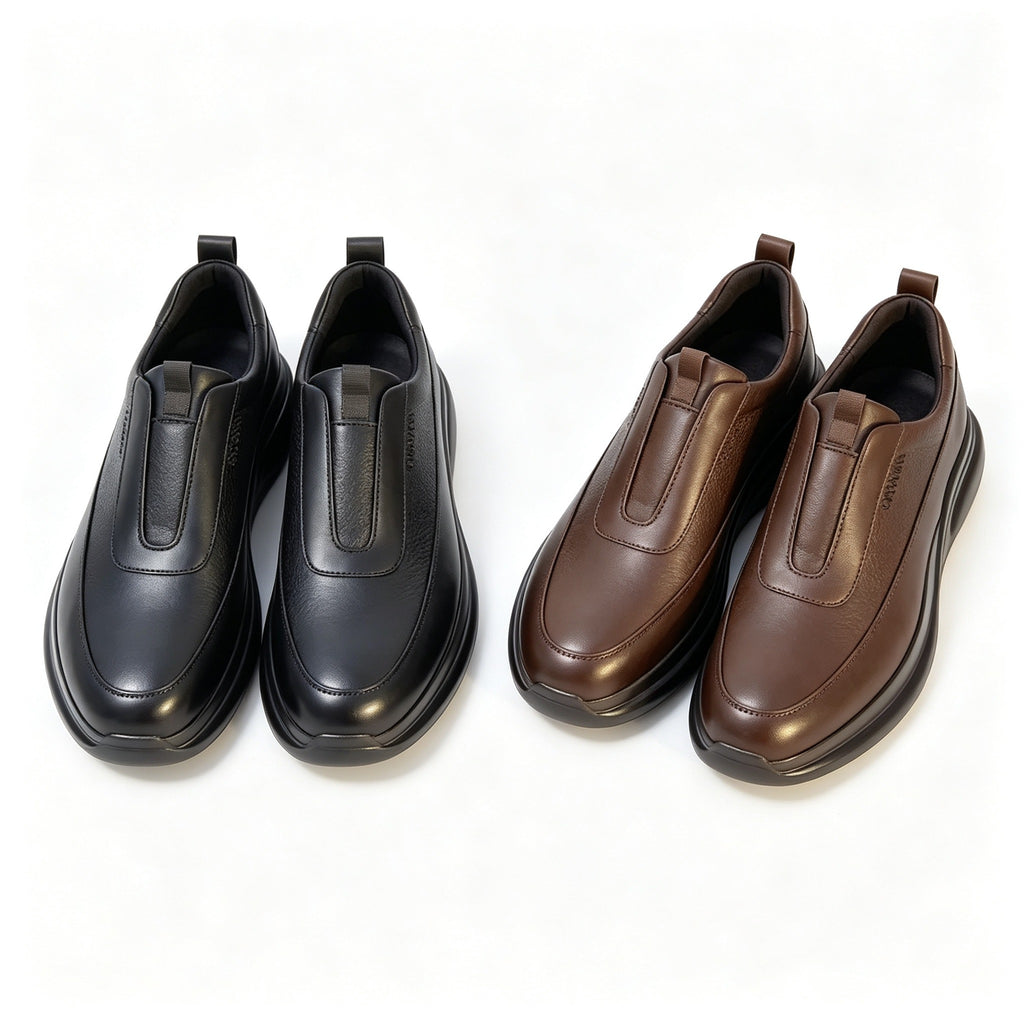 Men Brown Grain Leather Slip On Platform Casual Shoes