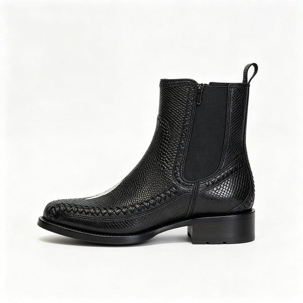Men Black Stingray Woven Western Chelsea Ankle Boots