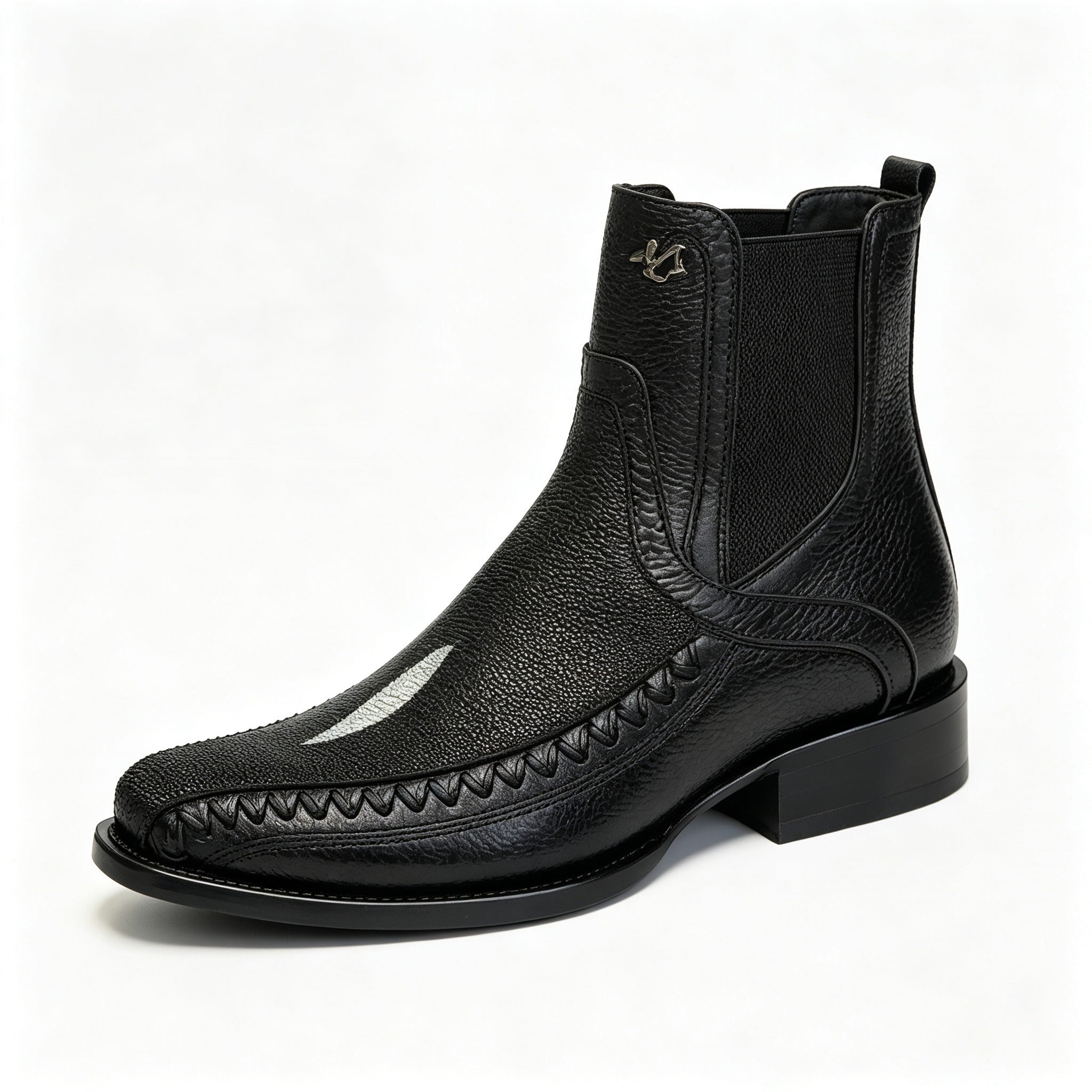 Men Black Stingray Woven Western Chelsea Ankle Boots
