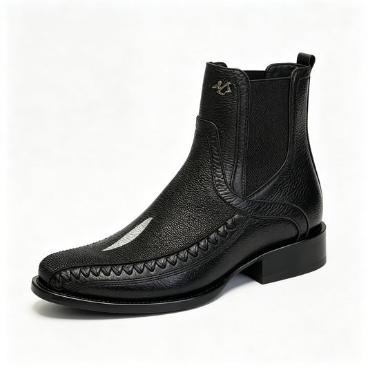 Men Black Stingray Woven Western Chelsea Ankle Boots