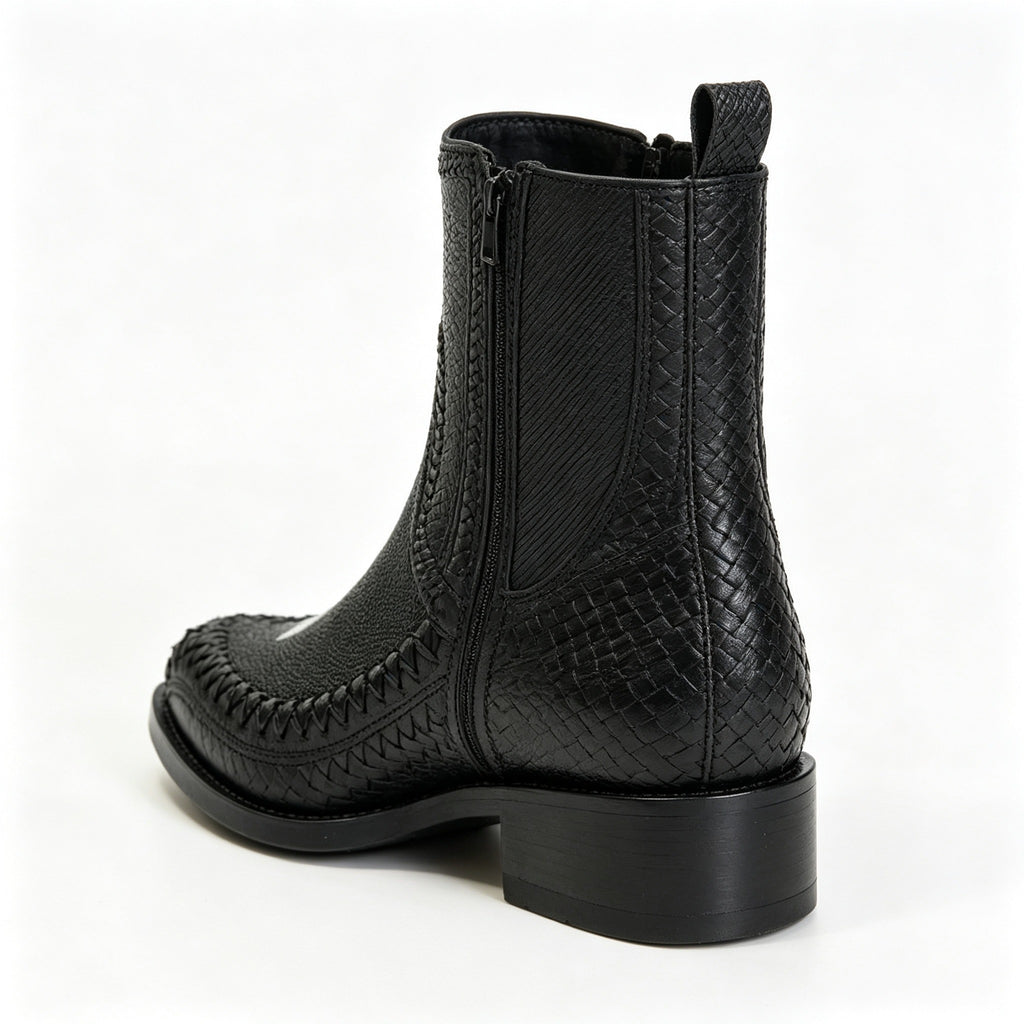 Men Black Stingray Woven Western Chelsea Ankle Boots